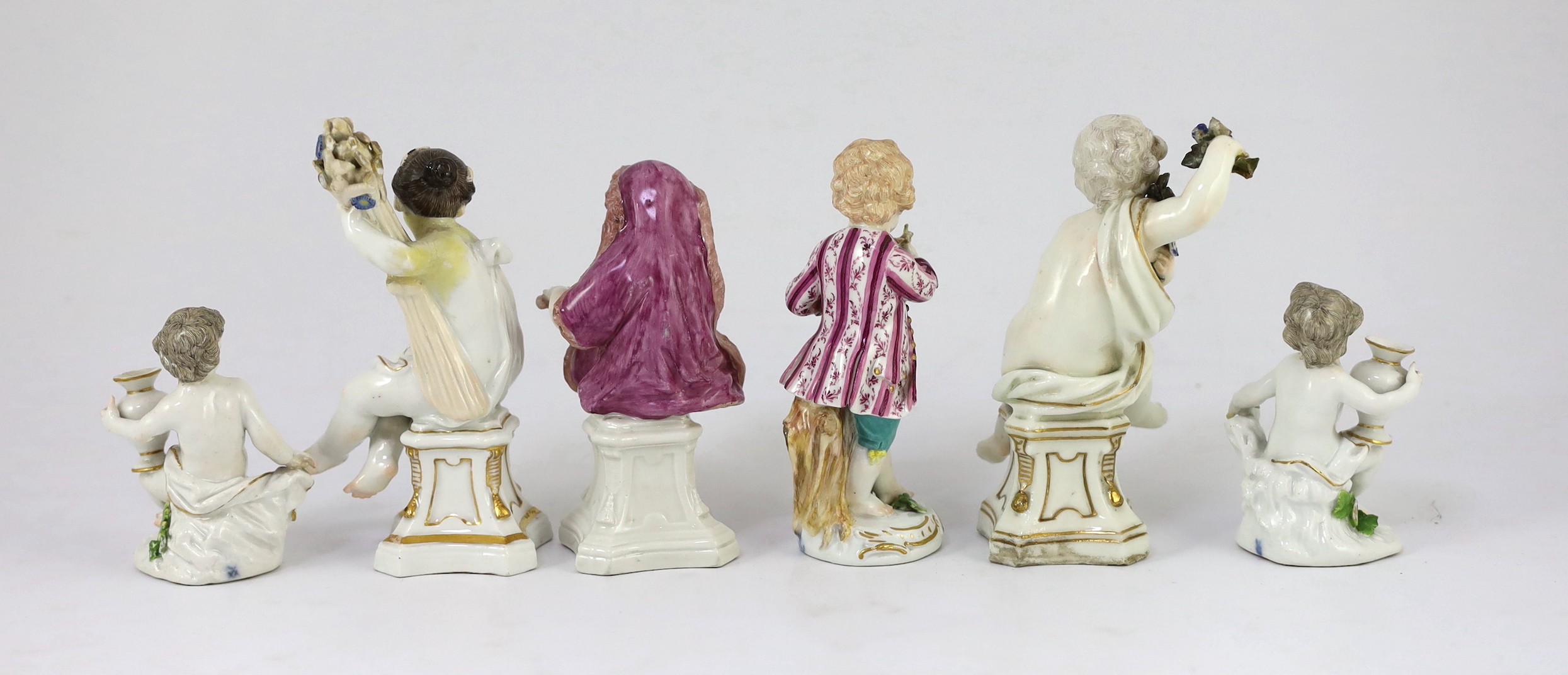 Six Meissen porcelain figures of putti and a boy, second half 18th century, 8.5cm - 14.5cm high, restorations